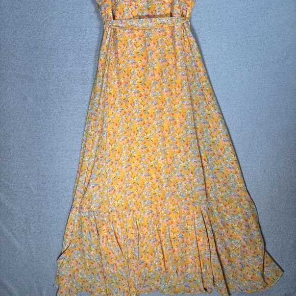 Maison Tara Womens Size 14 Cold Shoulder Maxi Dress Chiffon Yellow Belted Ruffle - Picture 12 of 12